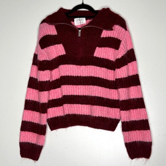 New Zara Stripe Knit Zip Collar Alpaca Sweater Girls Size 11-12 - Picture 7 of 7